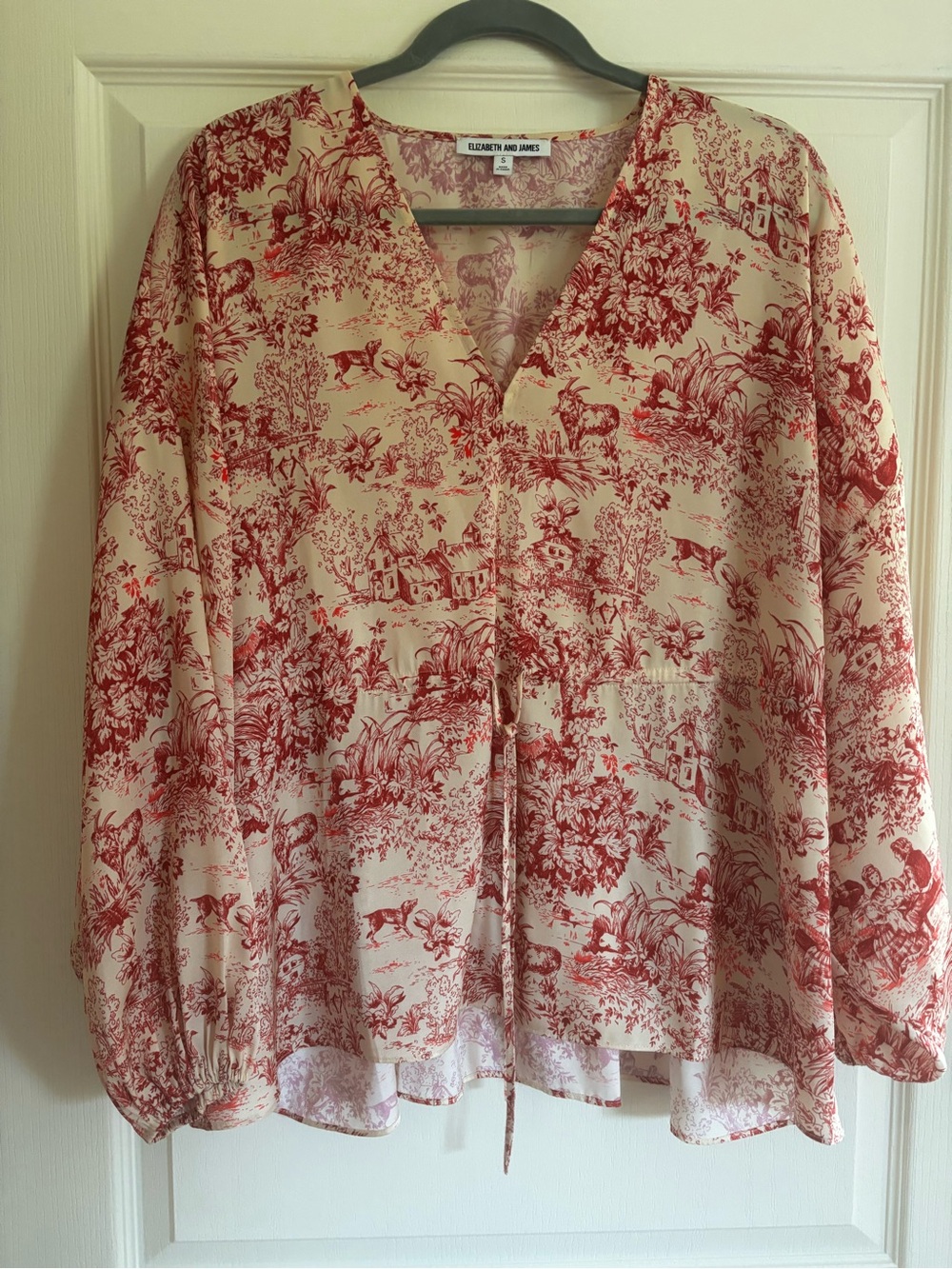 Elizabeth and James Cream and Red Toile V-Neck Tie-Front Blouse